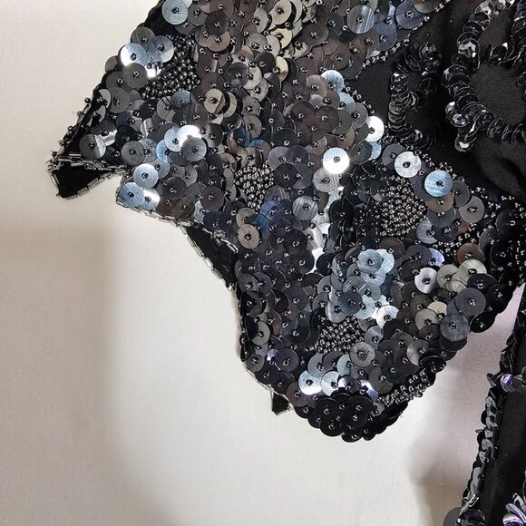 VTG OLEG CASSINI Beaded Silk Long Dress BLACK size 10 Maxi Flapper Great Gatsby - Picture 10 of 13